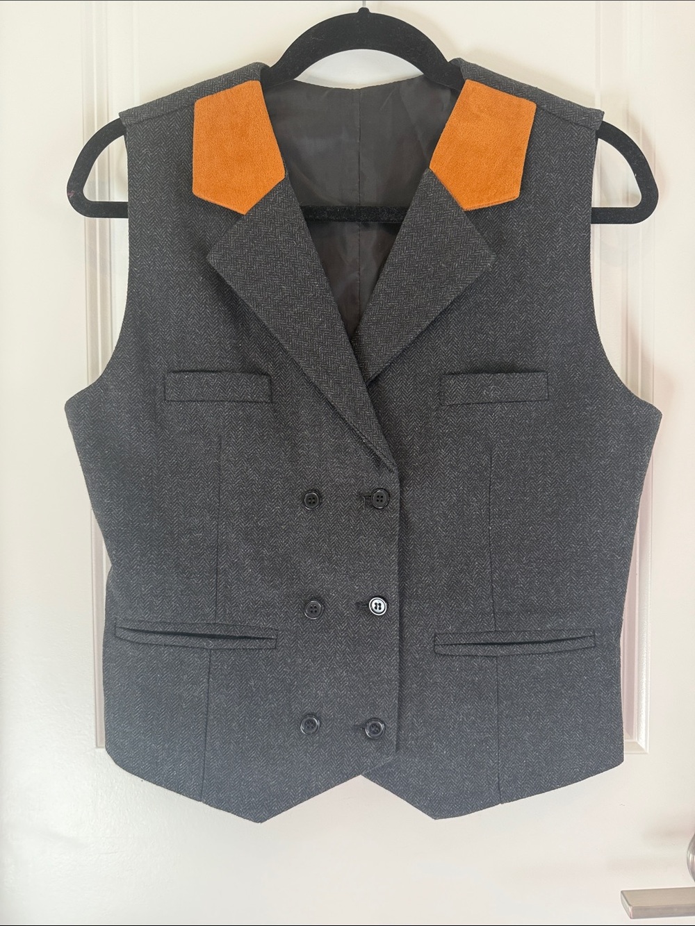 Tailored Charcoal Gray Double-Breasted Vest with Tan Shoulder Panels